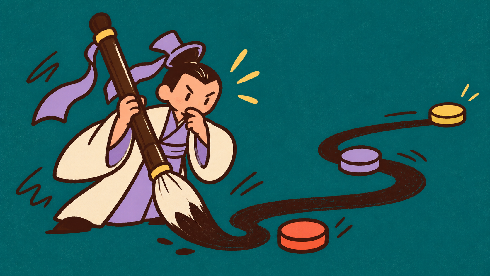 Hand-drawn strategist holding a calligraphy brush over a flowing path and three game tokens