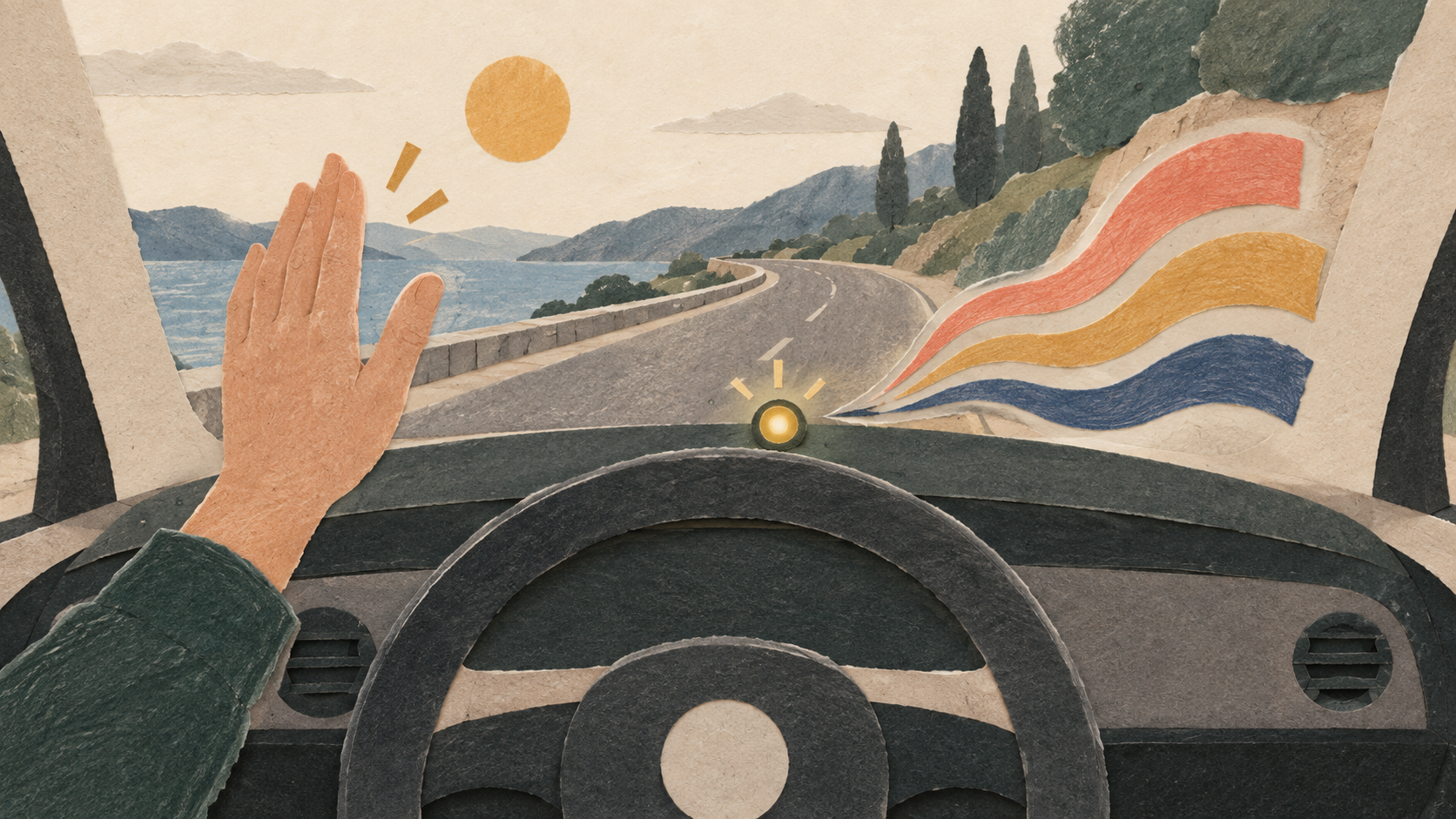 Paper-cut car interior with a raised gesture hand, sound ribbons, and a road ahead