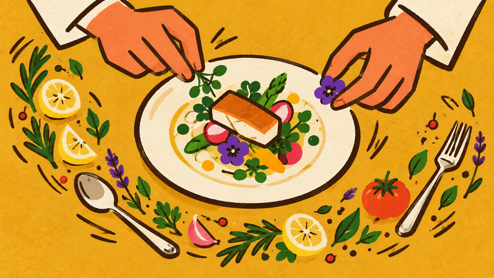 Hand-drawn illustration of hands arranging a plated dish with herbs, citrus, and time-like arcs