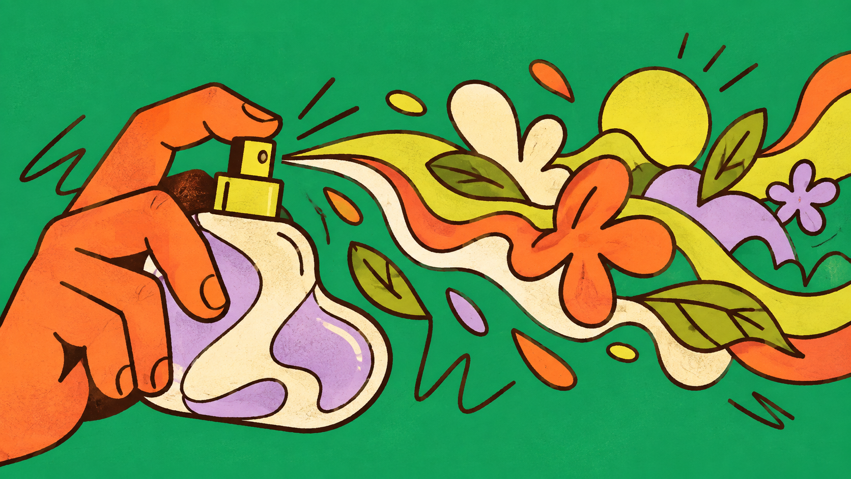 Hand-drawn illustration of a perfume bottle releasing scent ribbons, petals, and leaves
