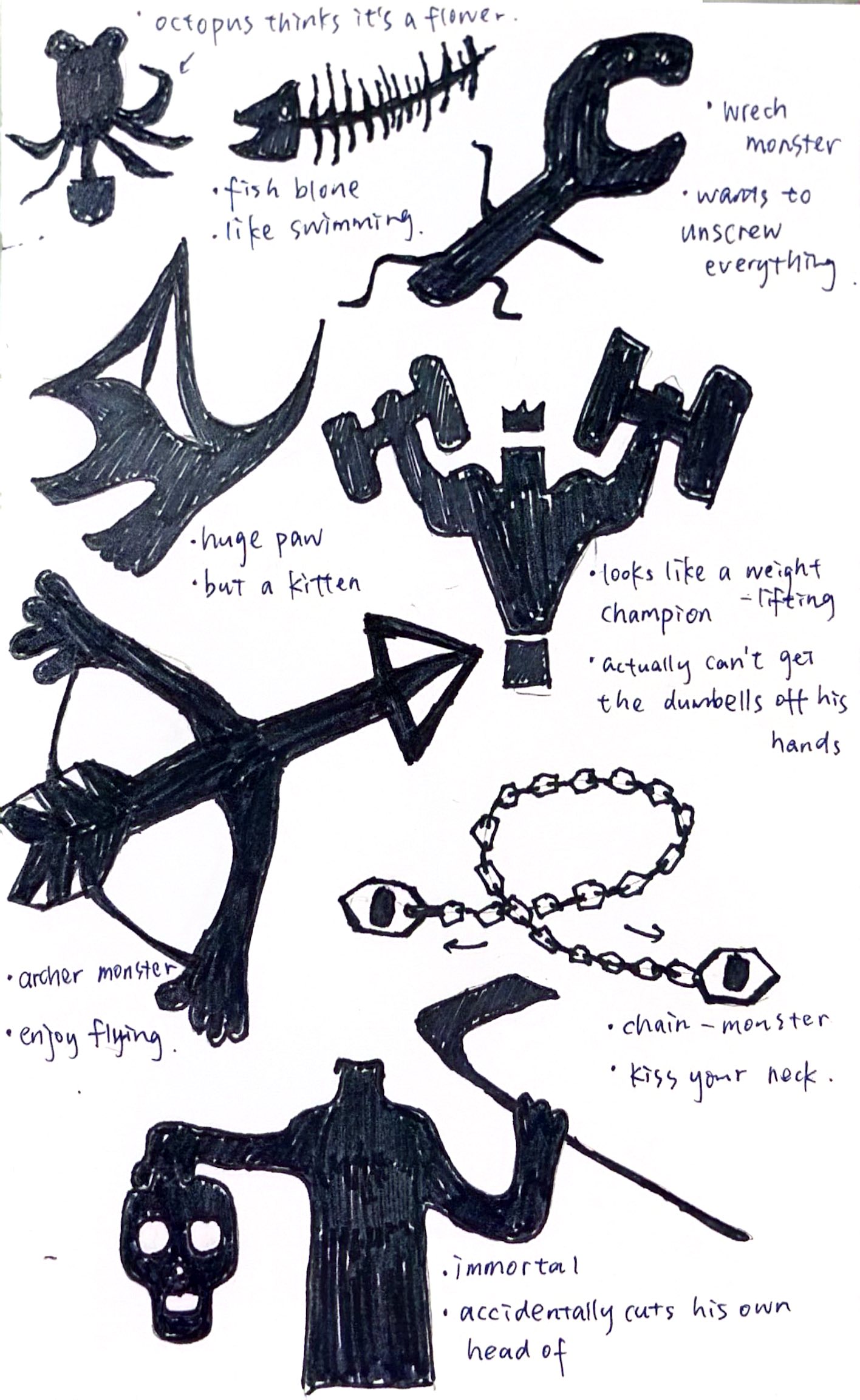 Black-ink character sketches with handwritten notes: an octopus, fishbone, wrench creature, manta, archer, chain creature, and headless figure.
