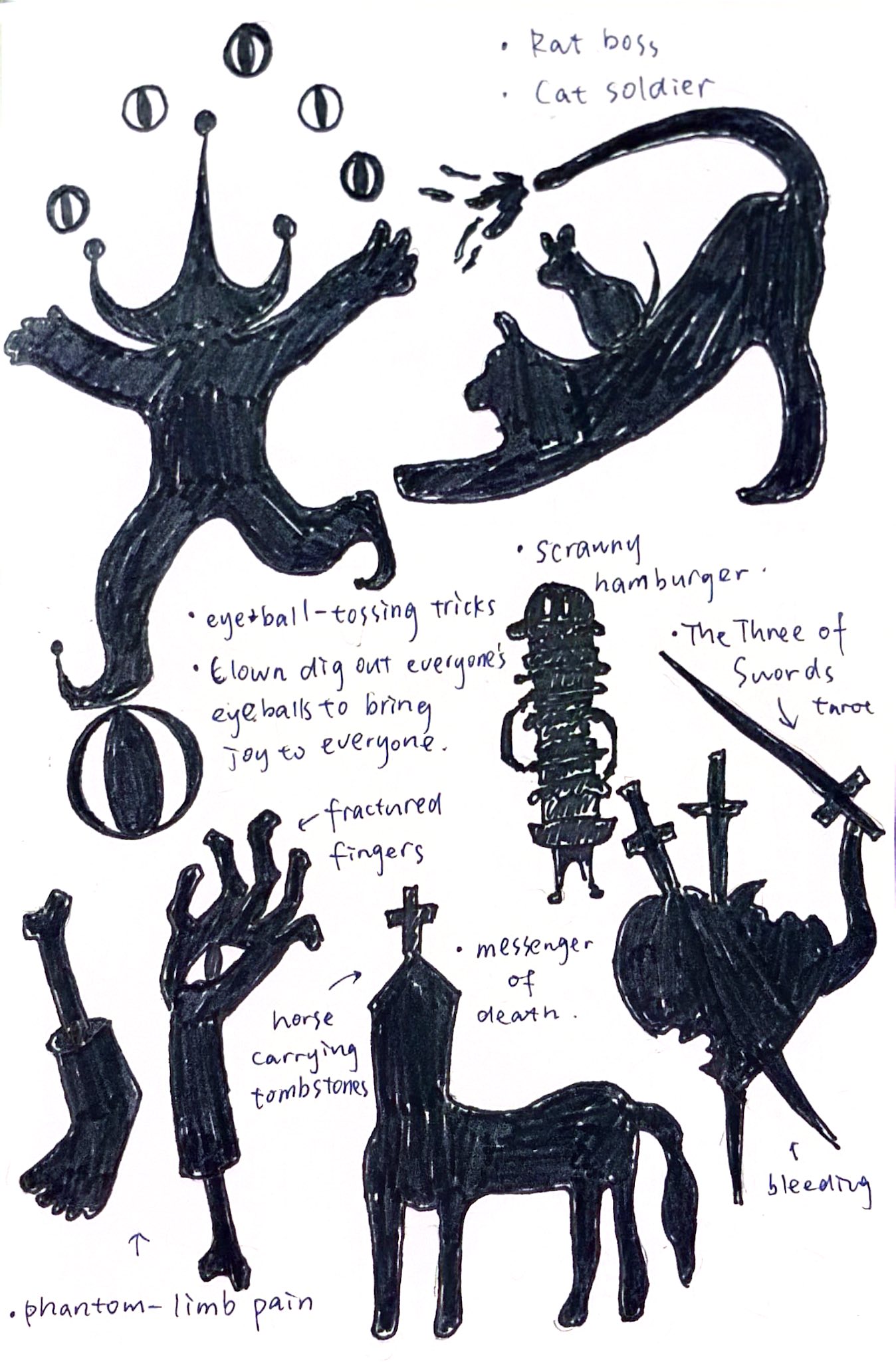 Black-ink character sketches with handwritten notes: an eyeball juggler, rat boss, cat soldier, fractured fingers, horse, and three swords.