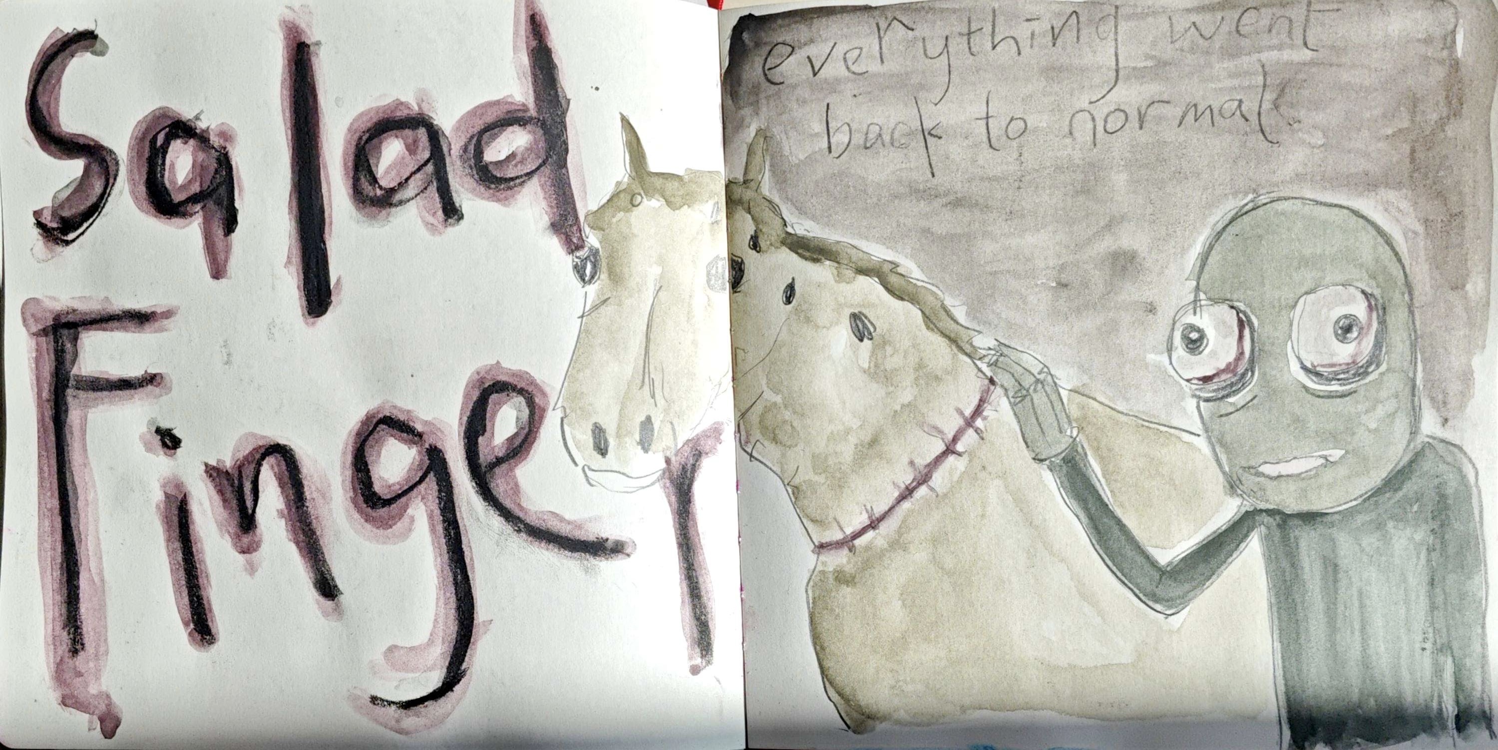 Watercolor sketchbook spread with a horse-like figure, a grey figure with large eyes, and handwritten text.