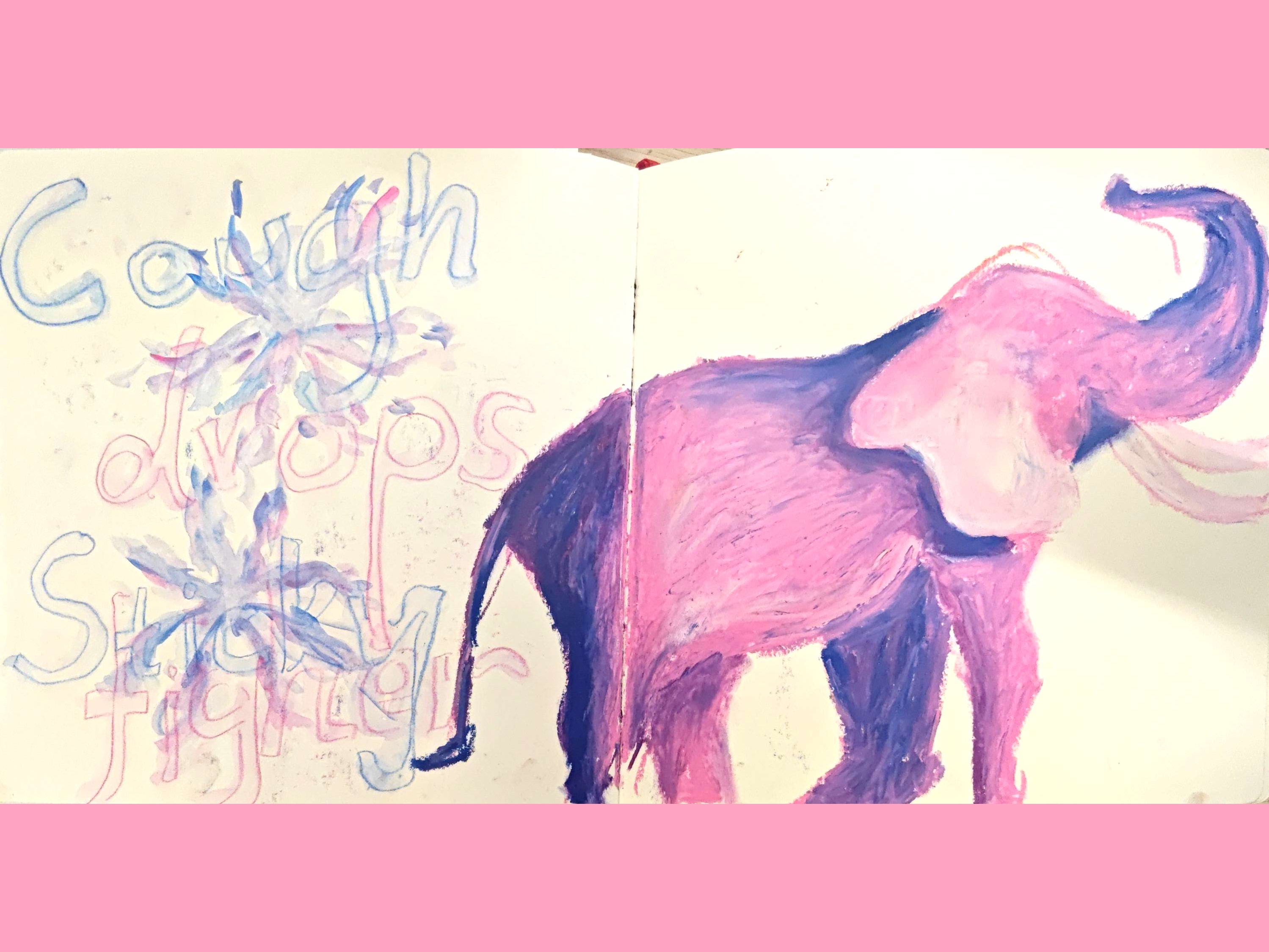 Pink-bordered sketchbook spread with a purple horse, translucent flowers, and scattered words.